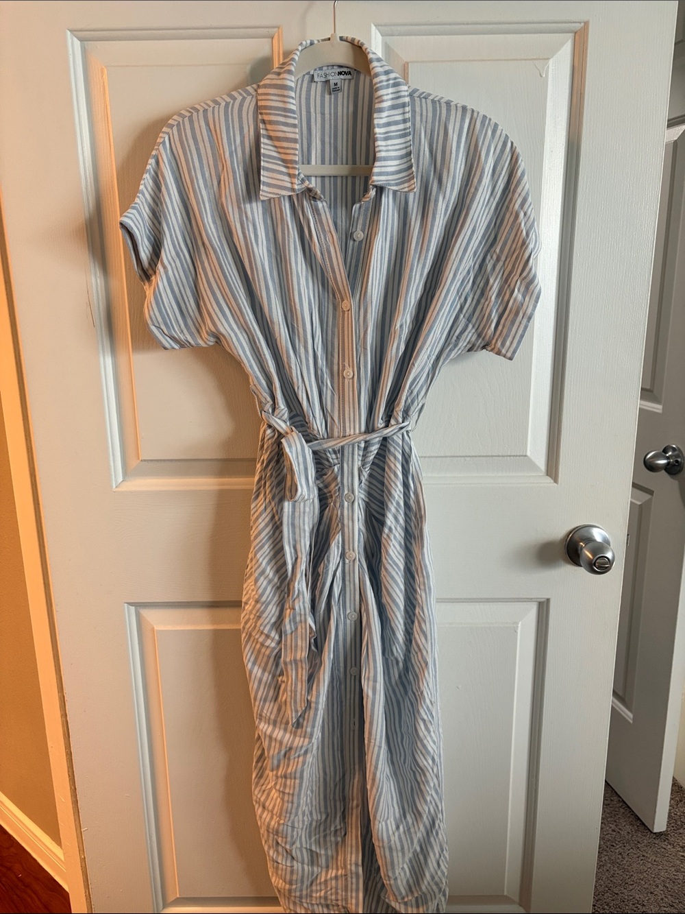 Fashion Nova Blue and White Striped Midi Shirt Dress